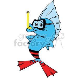 This clipart image depicts a whimsical and amusing scene of a fish outfitted with human scuba diving gear. The fish is wearing a black diving mask with big, expressive eyes peering out, and has a yellow snorkel attached to its mouth. Additionally, the fish is sporting red flippers on its tail, which resemble human feet, adding to the playful and anthromorphic nature of the image. The fish's body is primarily blue, and it has distinct fins and a tail, indicating its aquatic nature. The overall effect is a humorous take on underwater exploration with the roles reversed: instead of a human dressed for diving among fish, it's a fish geared up as if ready to go snorkeling.