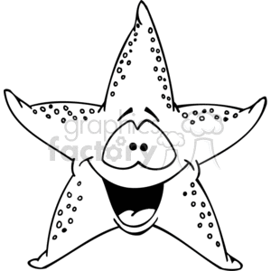 The image depicts a humorous drawing of a starfish. The starfish character is shown with a big smile, wide-open mouth, and a joyful expression. Its eyes are closed as if it's laughing or expressing great delight. The surface of the starfish shows typical textural details such as small dots which might represent its tubercles.