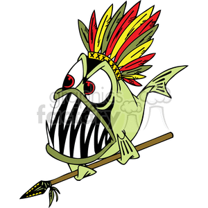 This image shows a cartoonish, anthropomorphic fish with an angry expression, wearing a colorful tribal headdress and holding a spear.