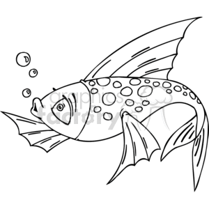 The image is a black and white clipart of a fish. This cartoon-style drawing depicts the fish with prominent patterns of spots and stripes, a tail fin, pectoral fins, an eye, and a mouth. Air bubbles are illustrated rising from the fish, indicating that it is underwater.