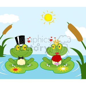 The clipart image features two cartoon frogs sitting on lily pads in a swamp-like setting under a sunny sky. The left frog is dressed in a black top hat and bowtie, suggesting it's the groom, while the right frog wears a crown and a bouquet of roses, mimicking a bride. There are cattails in the background and small hearts between the frogs, indicating a romantic or wedding theme.