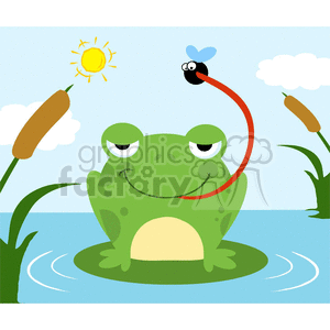 The image is a playful and colorful clipart illustration featuring a cartoon frog sitting on a lily pad in a pond. The frog has a wide, mischievous grin and is in the act of catching a fly with its long, sticky tongue. Around the frog are typical swamp elements such as tall cattails and ripples in the water, suggesting movement. Above, there's a bright sun and fluffy white clouds against a clear blue sky, completing this cheerful, nature-themed scene.