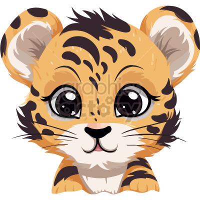 The clipart image shows a cute, stylized baby tiger with large expressive eyes, prominent black stripes on its fur, small ears with a hint of white fluff, and a small nose and mouth.