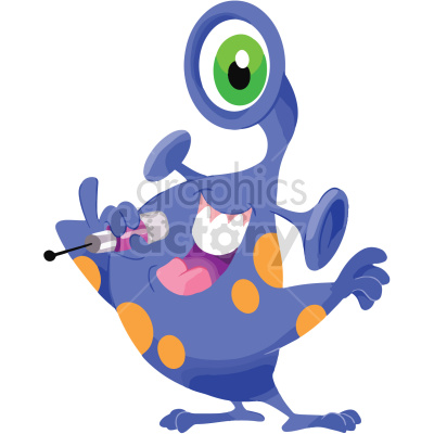 A cartoon of a purple alien with yellow spots and one eye on a stalk, singing into a microphone
