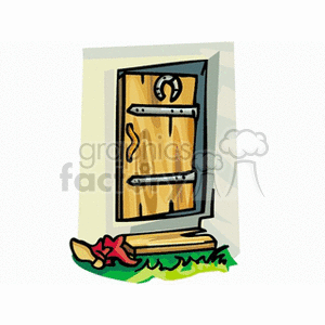 The clipart image features a barn door with a horseshoe hanging on it. There are visible hinges and the door appears sturdy, likely made of wooden planks. The door is partially open, and there's grass at the base, indicating it might be set in a rural or farm environment. A red object, which might represent a tool or flower, is also seen in the foreground by the door.