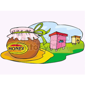 The clipart image depicts a golden honey jar in the foreground with a label that reads HONEY. The jar has a cloth cover tied around its neck. In the background, there are two beehives sitting on a green landscape with what appears to be a path or clearing leading to the hives. The hives are in pink and yellow colors, suggesting they are man-made structures for beekeeping.