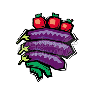 The clipart image depicts a stylized collection of vegetables, including several purple eggplants (aubergines) and a trio of red tomatoes. Each vegetable is outlined in bold, with accentuated colors emphasizing a cartoon-like appearance. 