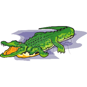 The image is a clipart illustration of a green alligator with its mouth slightly open, revealing sharp teeth, lying on a blue surface which could represent water. The alligator is depicted in a side profile with its body elongated and legs visible, suggesting it might be slinking or crawling.