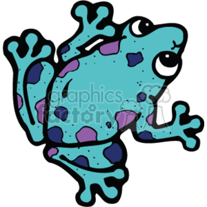 The clipart image features a stylized illustration of a frog. The frog is colored in a bright blue with purple spots and green patches, resembling a whimsical, cartoonish version of a tree frog.