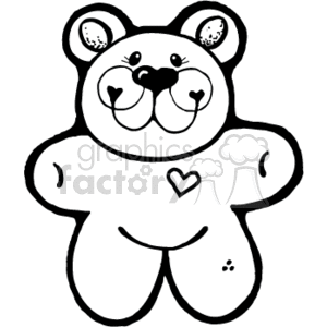 This image features a line art drawing of a cute teddy bear. The bear has prominent features such as round ears, an oversized muzzle with a heart shape on it, a small heart on its chest, and eyes with lashes, giving it a friendly and whimsical look. It's a simple black and white illustration, often associated with country style or reminiscent of coloring book art aimed at children.