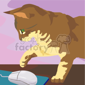 This is a clipart image of a brown cat with its paw on a white computer mouse. The background suggests an indoor setting with shades of purple and pink, possibly indicating a wall and a table. The cat appears to be looking at or interacting with the computer mouse.
