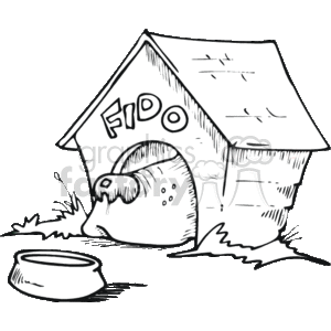 The clipart image features a classic doghouse with the name FIDO inscribed on its side. The entrance of the doghouse appears to show a dog's tail, suggesting that the dog may be inside. In front of the doghouse, there's an empty bowl, which is typically used for food or water for the dog. The overall scene represents a typical setting for a pet dog, including its personal shelter and a feeding area. The illustration is in black and white, with a sketch-like, cartoonish style.