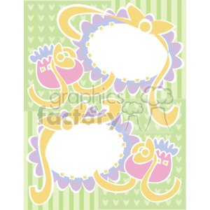 The clipart image features two whimsical frames or borders, each adorned with decorative elements. The frames are styled with a pastel color scheme, predominantly in shades of pink, yellow, and purple, all set against a striped green background with tiny heart patterns. The design also includes illustrations of baby-related items such as a pink baby bootie with a bow. It appears to be a themed image suitable for baby shower invitations, birth announcements, or other baby-related stationery.