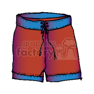 The clipart image shows a pair of swim shorts, which are a type of swimsuit generally worn by men and boys. The swim shorts have a blue waistband and a drawstring closure.