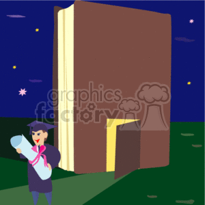 The clipart image depicts a scene with a graduate in cap and gown, holding a diploma next to a giant upright book with an open door, suggesting a portal or entrance. It's nighttime, and there are stars in the sky. The grass is green, and the scene conveys themes of education, graduation, and the beginning of a new chapter.