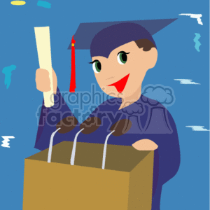 The image depicts a person in a graduation cap and gown, holding up a diploma while standing behind a podium with multiple microphones. They appear to be giving a speech, perhaps as a valedictorian or graduate speaker at a graduation ceremony. The graduate is smiling and looks proud. The background suggests a celebratory atmosphere, and the color scheme includes shades of blue and red.