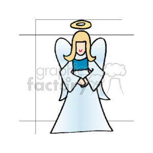 This image depicts a simplistic cartoon of a smiling angel commonly associated with Christmas iconography. The angel has blonde hair, blue wings, a white robe, and is depicted with a halo above its head. The angel is standing with hands clasped together.