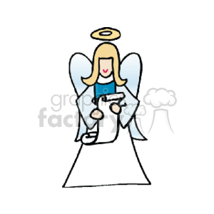 This image displays a cartoon of an angel, typically associated with Christmas or the holidays. The angel is depicted with blue wings, a golden halo above its head, and a long white gown. It appears to be reading or singing from a scroll that it is holding in its hands.