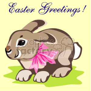 The image is a clipart featuring a cute grey Easter bunny with a pink ribbon around its neck. The bunny is sitting on a patch of green grass, and above it, the phrase Easter Greetings! is written in elegant script against a pale yellow background. The image exudes a festive and cheerful holiday vibe, suitable for an Easter-themed greeting.
