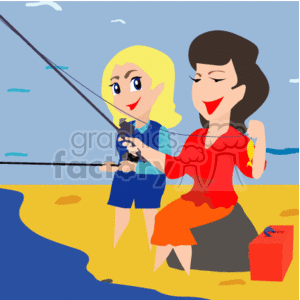This clipart image features a scene with two characters engaging in an activity on the shore. A woman who appears to be a mother is sitting and smiling, holding a fishing rod with a fish at the end of the line, indicating a successful catch. Standing next to her is a younger female, possibly her daughter, who is also holding the fishing rod, suggesting a bonding moment. They both appear happy. The background is a simplistic depiction of water and sky, typical of a fishing environment. There's also a tackle box on the ground next to the mother, implying they are prepared for the fishing activity.