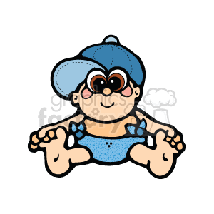 The image is a clipart illustration of a young baby boy. The baby has brown eyes and is wearing a blue baseball cap. The boy is dressed in a blue outfit with lighter blue decorations, likely a onesie, and appears to be smiling.