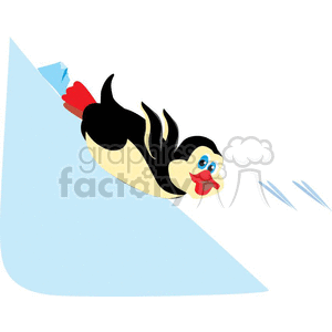 This clipart image features a cartoon penguin with its wings outstretched, sliding down an icy slope. The penguin exhibits a playful or excited expression, with its tongue out, which adds a humorous element to the image.