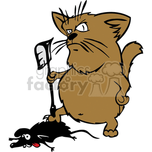 This clipart image depicts a whimsical scene with a brown cat holding a small shovel, standing in a triumphant pose over a mouse that is lying on its back with a dazed or defeated expression. The cat's facial expression suggests determination or pride, aligning with the humorous interpretation of a cat catching a mouse.