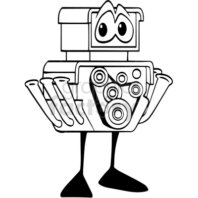 The clipart image depicts a black and white cartoon representation of a car engine. The engine is stylized with exaggerated features to emphasize its mechanical components, such as cylinders, pistons, and other internal parts typically found in a vehicle's engine system. It has  personification features such as eyes and legs
