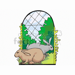 The clipart image depicts two rabbits—one brown and one grey—sitting on the grass. There is a fence in the background that seems to be part of an agricultural setup or a garden, with greenery and possibly flowers along its length. A wire mesh segment of the fence is visible, arching above the rabbits.