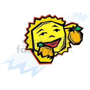 This clipart image features a stylized, anthropomorphic sun with a smiling face, holding an orange. The sun has a bright yellow appearance with sunbeams radiating outwards, suggesting a sunny and cheerful mood typically associated with summer. The orange alongside the sun could represent the concept of agriculture or freshness, reinforcing a theme of summer and abundance.