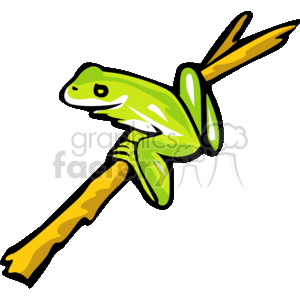 The image is a clipart illustration of a green frog. The frog is depicted in a vibrant green color with yellowish accents on its limbs, portraying it in a lively and animated style. It appears to be perched on a branch or a similar structure, with its legs splayed out in a position that suggests readiness to leap. The image has a simple, cartoonish quality typical of clip art.