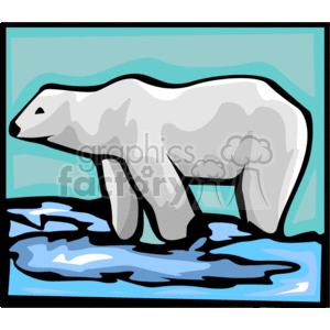 This image depicts a polar bear standing in a shallow body of water. It is facing forward, with its front paws and head visible above the surface. Its fur appears white and thick, and the bear's face is expressionless. It appears to be standing on the bottom of the water, with its back legs slightly submerged.