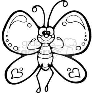The image is a black and white clipart of a stylized, happy butterfly. The butterfly has a smiling face with large eyes and is depicted with patterned wings that include heart shapes. Since it's a clipart, it's a simplified and cartoon-like representation of the insect.