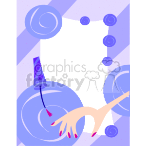 This image is a colorful, stylized clipart that features a central black space that might be used as a frame or border for text or other content. Surrounding this space are decorative elements that include a hand with painted nails, suggesting a theme of nail polish or manicure, and spiraling designs which could be interpreted as abstract representations of nail polish bottles or simply artistic embellishments. The color scheme is primarily purple and blue, which gives the clipart a playful and feminine feel, potentially suitable for beauty or fashion-themed content.