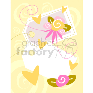 The image is a decorative clipart featuring a whimsical border or frame. Central to the design is the shape of a gift tag, intended as a space for text or additional graphics. Decorative elements include stylized flowers, with one large pink flower with a yellow center prominently placed in the upper part of the border. Surrounding the border are abstract, curlicue lines and heart shapes in a palette of yellows, pinks, and greens. The background has a soft, pastel yellow color with subtle swirl patterns. Overall, the image has a playful and cheerful aesthetic, likely intended for invitations, greeting cards, or other decorative paper goods.