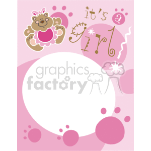 This clipart image features a border or frame design with a pastel pink color scheme. On the left-hand side of the image, there is a cute cartoon illustration of a smiling teddy bear with a flower on its head. Surrounding the bear are various decorative elements such as abstract shapes, paw prints, and doodles that resemble symbols or letters. These elements are in a complementary color that appears to be a brown tone. The center of the clipart has a large blank white circular space, which can be used for inserting text or another image. The circular space is encircled by varying sizes of circles, enhancing the design. This type of image is often used for baby shower invitations, baby announcements, or other baby-related stationery due to its playful and childish design.