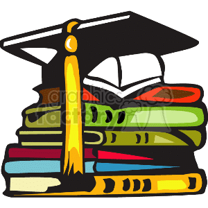 The clipart image depicts a stack of colorful books with a graduation cap, also known as a mortarboard, placed on top. The cap has a tassel attached to it, which is prominently hanging off to one side.