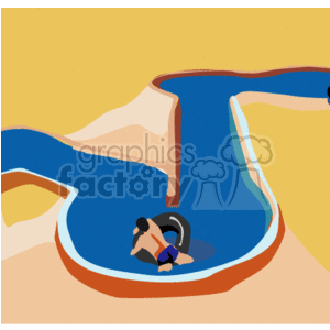 The clipart image depicts a water slide at an amusement park. There is a person sliding down the blue water slide with water splashes around, suggesting movement and enjoyment. The person appears to be using a black inner tube to aid in their descent.
