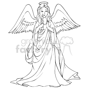 The clipart image depicts an angel. The angel has large, spread wings and is wearing a long, flowing gown. In the angel's hands, there's a candle being held carefully. The style of the drawing suggests a serene and peaceful demeanor, which is often associated with angelic figures in religious contexts. The design is simple, likely meant for easy printing or adding to a variety of holiday-themed decorations or educational materials.