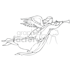 The clipart image depicts a Christmas angel in flight, blowing a horn. The angel appears to be elegantly dressed, with flowing robes and large, detailed wings.