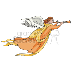 The clipart image displays a Christmas angel playing a trumpet. The angel has white wings and is dressed in a flowing golden robe, a classic depiction associated with traditional Christmas iconography.