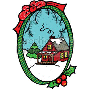 The image is a colorful Christmas-themed clipart. It features a quaint red cabin with a chimney from which smoke is rising, indicating warmth inside. The cabin is set against a snowy landscape with a green tree, presumably a pine, which is characteristic of winter scenery. Surrounding the vignette is an ornate oval border, decorated with traditional holiday elements such as holly leaves and berries at the bottom and a red bow at the top. The border has a striped pattern of alternating shades of green which adds to the festive feel of the image.