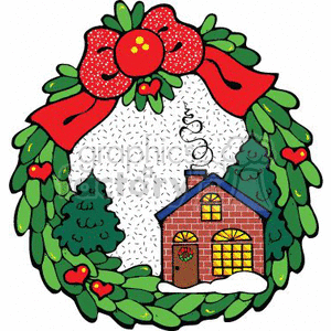 The clipart image depicts a festive scene with a Christmas wreath framing a cozy winter cabin. The wreath is lush green with a large red bow at the top and small red heart-shaped ornaments. The center of the wreath has a scene of a brick cabin surrounded by snow and pine trees. The cabin has yellow-lit windows suggesting warmth, and there is smoke rising from its chimney, adding to the cozy atmosphere.