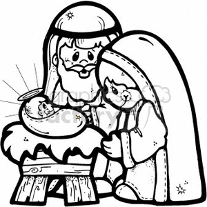 The clipart image depicts a simplified representation of the Nativity scene, which includes the infant Jesus lying in a manger, with rays of light emanating from Him to suggest divinity. Beside the manger stands Mary, often referred to as the Virgin Mary, and Joseph. The image is designed in a cartoonish, outline format suitable for coloring activities.