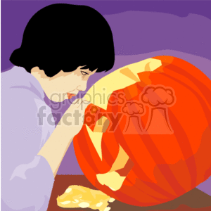 The clipart image depicts a person carving a pumpkin. There are visible pumpkin seeds and pieces on the table, indicating the pumpkin carving process. The background suggests it is evening or night, setting a typical Halloween scene.