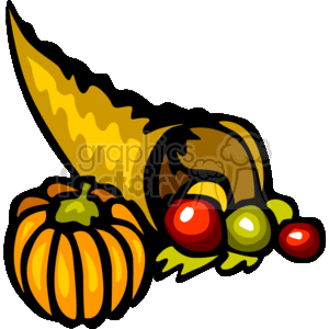 This clipart image features a traditional cornucopia, often associated with Thanksgiving and harvest celebrations. It is overflowing with an assortment of colorful fruits and vegetables, reminiscent of autumn's bounty. The visible produce includes a pumpkin, commonly recognized as a symbol of fall and Thanksgiving, along with what appears to be apples of different colors, signifying the variety of foods typically harvested during this season.