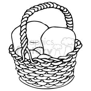 The image is a black and white line drawing of a woven basket filled with what appears to be bread or fruit, which could be related to a Thanksgiving theme. The basket has a sturdy handle and the contents are rounded, suggesting an abundance of harvest or food items typical for a Thanksgiving celebration.