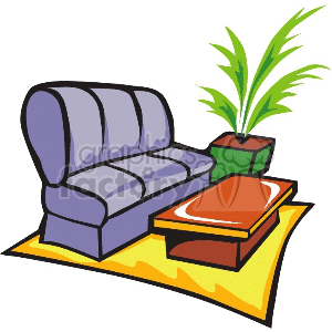 living room with a purple sofa 