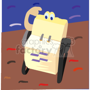 The clipart image features an anthropomorphic rolodex, which is typically used in an office setting to organize business contacts and contact lists. The rolodex has a pair of cartoonish eyes and is set against a blue background with what appear to be representations of perhaps clouds or decorations, and a brown, possibly wooden, surface with red streaks that could signify papers or other objects scattered around.