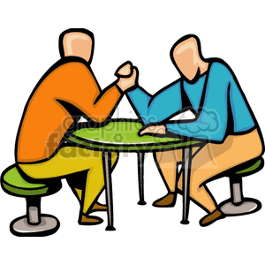 Two Men Sitting at a Table Arm Wrestling